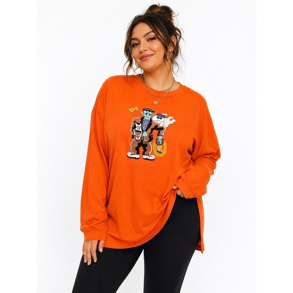 Vintage Malarkey Women Halloween Long Sleeve Embroidered Shirt Frankenstein Boo